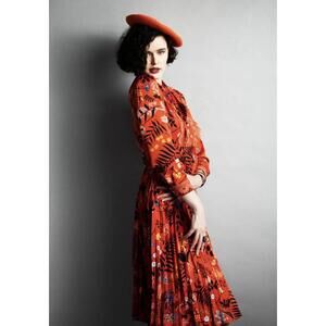 Dalia MacPhee Midi Dress Orange Floral Lace And Necktie Pleated Size Medium EUC!